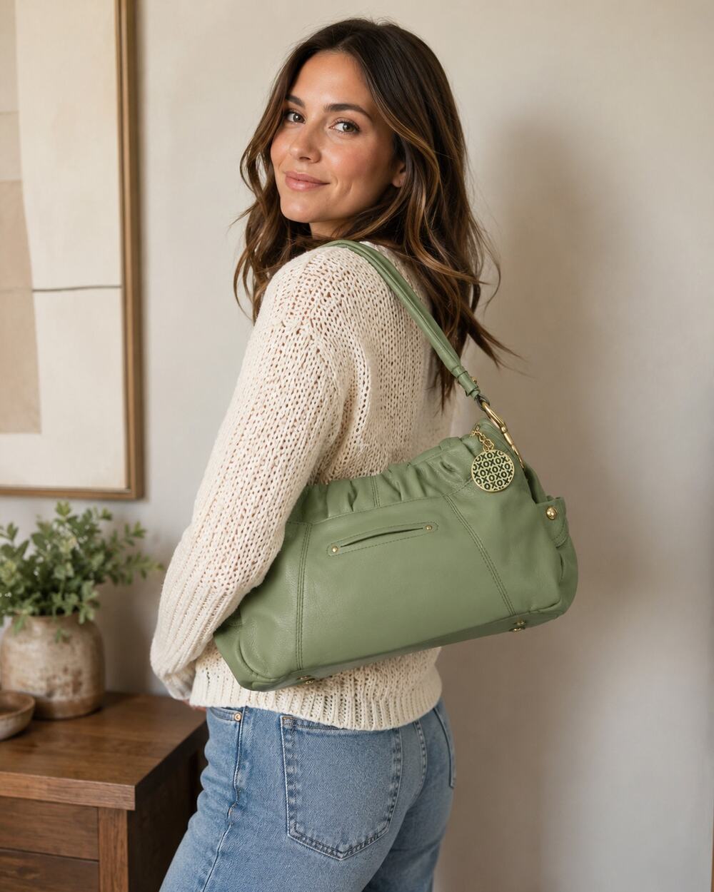 B Makowsky Buttery Green Leather Top Handle Hobo Purse Gold Hardware
